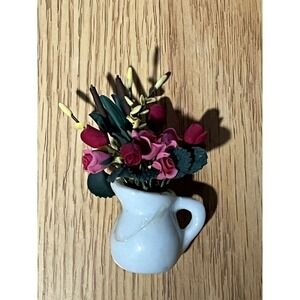 Miniature Floral Arrangement in White Ceramic Pitcher Pink Roses Dollhouse Decor